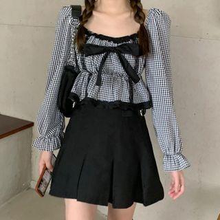 3/4-sleeve Plaid Blouse Black & White - One Size