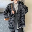 Leopard Pattern V-neck Cardigan Gray - One Size