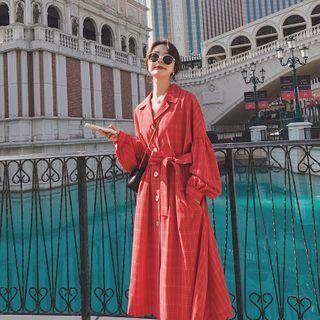 Long-sleeve Plaid Open-collar Midi A-line Shirtdress