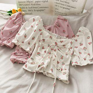 Wide-neck Drawstring Crop Blouse