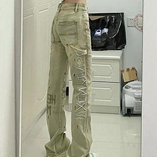 Lettering High Waist Straight Leg Jeans / Belt / Set