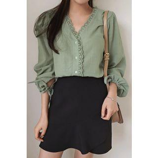 V-neck Lace-trim Tie-cuff Blouse