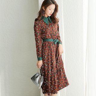 Collared Floral A-line Shirtdress With Sash
