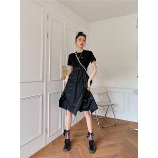 Mock Two-piece Short-sleeve Tie-waist Denim A-line Dress