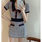 Short-sleeve Gingham Knit Dress As Shown In Figure - One Size