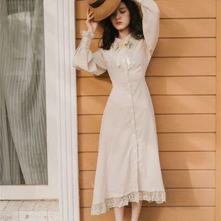 Lace Trim Lantern-sleeve Collared Midi A-line Dress