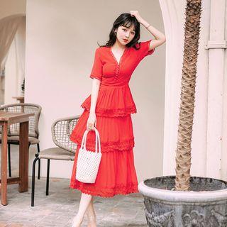 Short-sleeve Chiffon Tiered Midi Dress