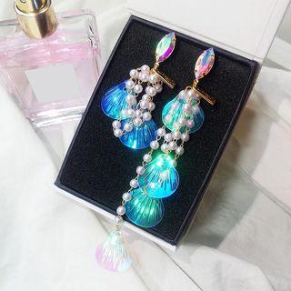 Non-matching Rhinestone Faux Pearl Scallop Dangle Earring Silver Needles - Non-matching Rhinestone Faux Pearl Scallop - One Size