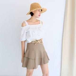 Floral Embroidered Off-shoulder Short-sleeve Blouse