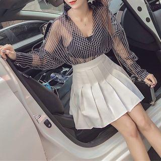 Set: Striped Chiffon Blouse + High-waist Mini Pleated Skirt