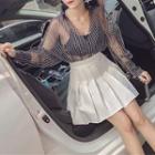 Set: Striped Chiffon Blouse + High-waist Mini Pleated Skirt