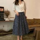 Floral Print Midi Skirt / Short-sleeve Plain Blouse