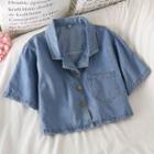 Short-sleeve Denim Crop Shirt Blue - One Size