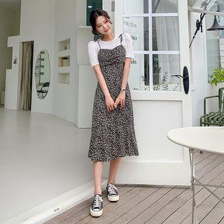 Set: Puff-sleeve Textured Top + Pinafore Dress Black - One Size