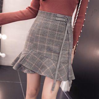 Ruffle Hem Plaid Mini Pencil Skirt