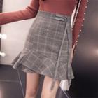 Ruffle Hem Plaid Mini Pencil Skirt