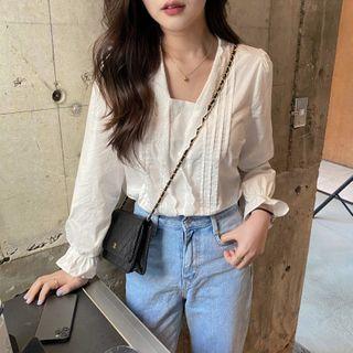 Bell-sleeve Frill Trim Pointelle Plain Blouse