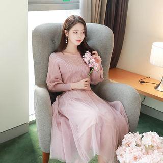 Set: Puff-sleeve Knit Top + Tulle Maxi Slipdress