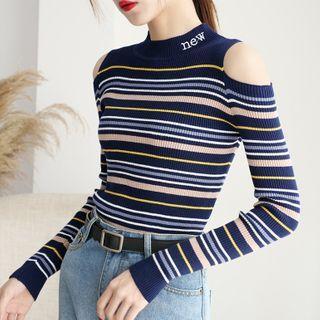 Striped Cold-shoulder Long-sleeve Knit Top