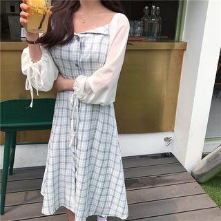 Sheer Sleeve Panel Check Buttoned A-line Dress