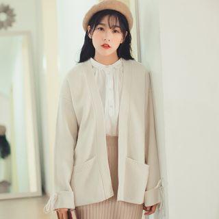 Bow Long-sleeved Pocketed Sweater Knitted Open-front Knit
