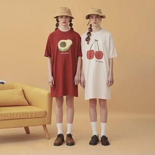 Cherry / Avocado Printed Elbow-sleeve T-shirt Dress