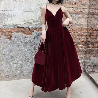Spaghetti Strap Velvet A-line Evening Gown