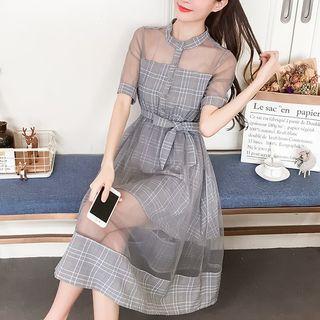 Short-sleeve Sheer Panel A-line Plaid Midi Dress
