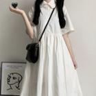 Elbow-sleeve Collared Midi A-line Dress Dress - White - One Size