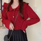 Ruffle Trim Collared Cardigan Red - One Size