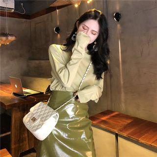 Long-sleeve Plain Tee / Faux-leather Plain Skirt