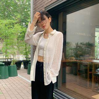 Long-sleeve Net Knit Shirt Ivory - One Size