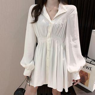 Long-sleeve Mini A-line Shirt Dress White - One Size