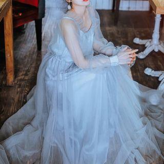 Sheer Long-sleeve Maxi A-line Dress