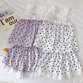 Set: Floral Cut Out Tank Top + High-waist Wide-leg Shorts