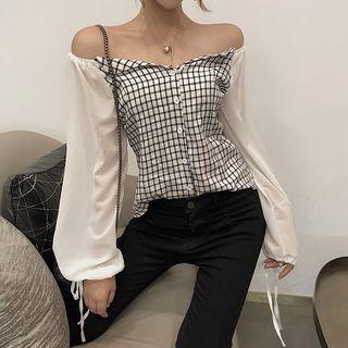 Long-sleeve Square-neck Plaid Top