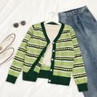 Sweetheart Patterned V-neck Knit Cardigan Green - One Size