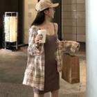 Long-sleeve Plaid Shirt / Plain Mini Slipdress