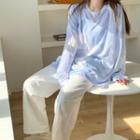 Dye Print Long-sleeve T-shirt Purplish Blue & White - One Size