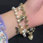 Alloy Heart & Butterfly Faux Pearl Bracelet 1 Pc - 0619a - Gold & White - One Size