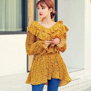 Long-sleeve Frilled-trim Floral Print Pleated Dress