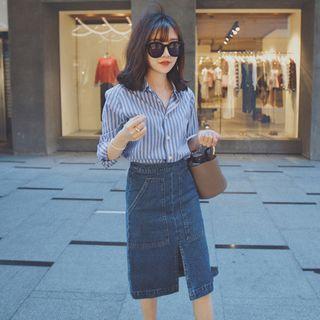 Set: Long Sleeve Striped Shirt + Denim Skirt