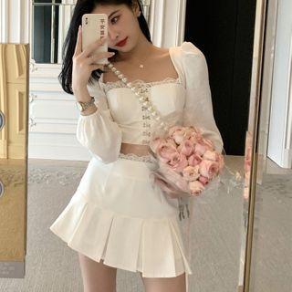 Set: Puff-sleeve Cropped Blouse + A-line Skirt