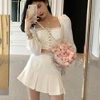 Set: Puff-sleeve Cropped Blouse + A-line Skirt