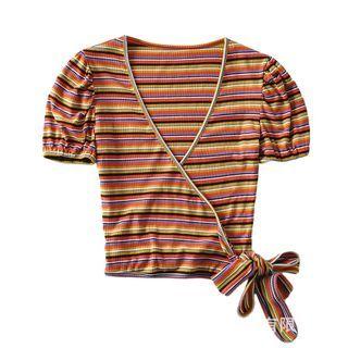 Short-sleeve Striped Tie-waist Crop Top