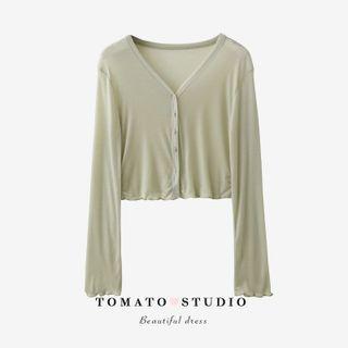 V-neck Plain Button-up Ruffle Top
