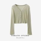 V-neck Plain Button-up Ruffle Top