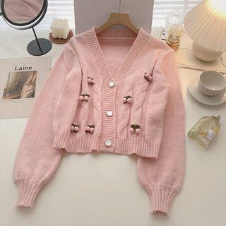 Long-sleeve V-neck Cardigan Pink - One Size
