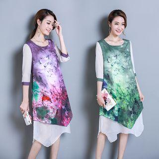 Printed Panel 3/4 Sleeve Dress