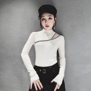 Mock-neck Lettering Cutout T-shirt